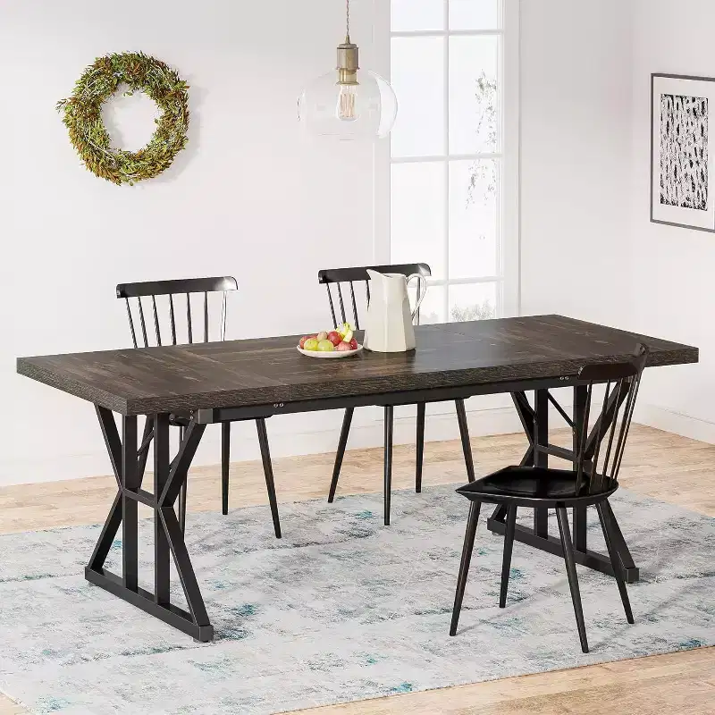 Okak Rustic Wood Large Rectangular Dining Table with X-Trestle Metal Legs,Long Modern Kitchen Dinner Table for Dining Room,Family Meals