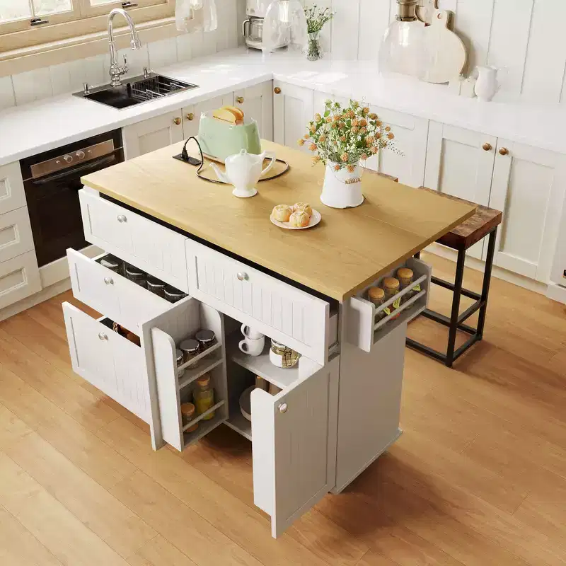 Farmhouse Kitchen Island with Drop Leaf, Drawers, Power Outlet and 2 Seats