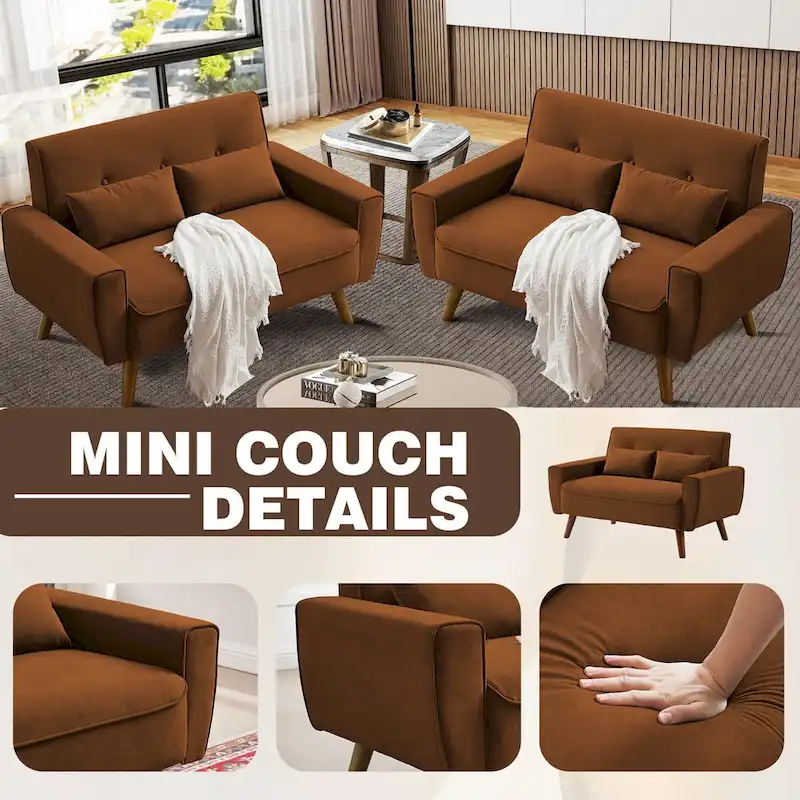 48.82 Small Tufted Loveseat Sofa 2 Set with Tapered Wood Legs
