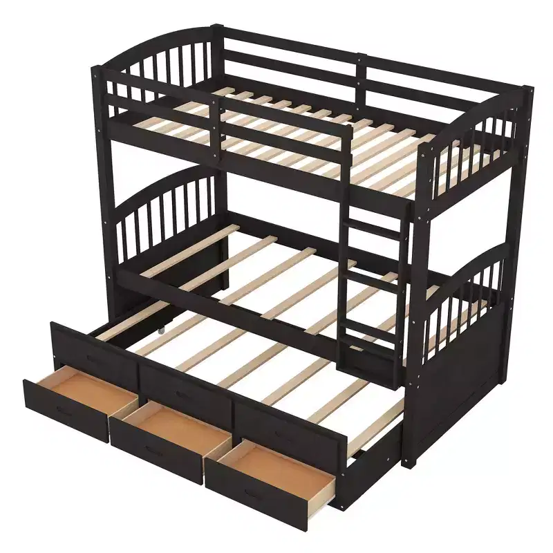 Twin over Twin Wood Bunk Bed with Ladder, Trundle & 3 Drawers – 400 lbs