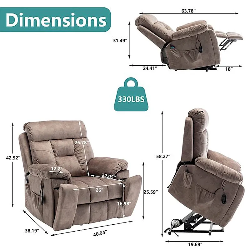Large Electric Massage Lift Recliner with Heat, Hidden Cup Holder