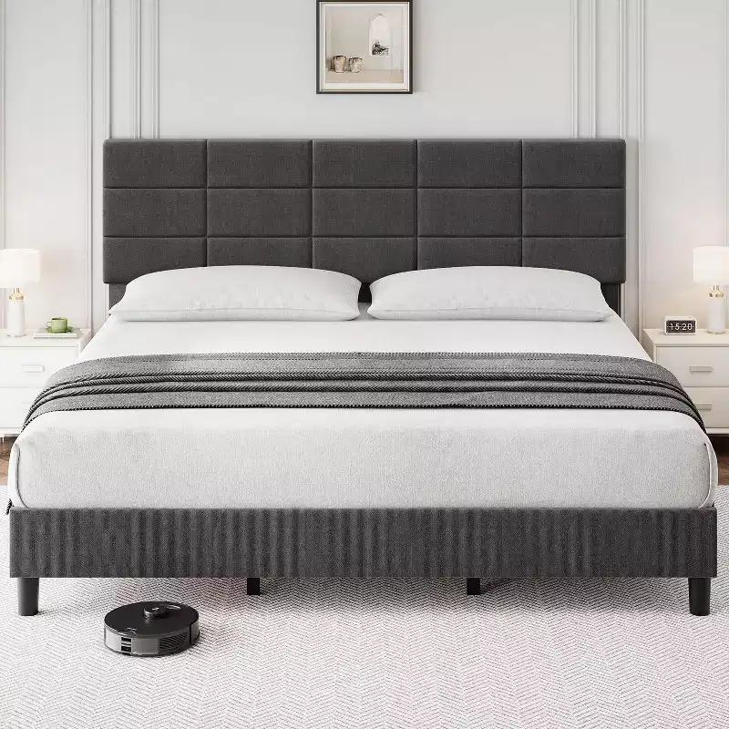 Adjustable Headboard, Metal Frame Bed Frame with Strong Wood Slats and Support Legs, No Box Spring Required, Easy Assembly, Gray, King