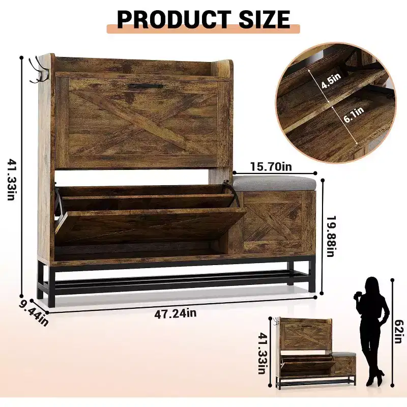 Acekool Shoe Cabinet with Bench, Flip Drawer Entryway Shoe Storage Organizer, Hidden Compartment & Hooks