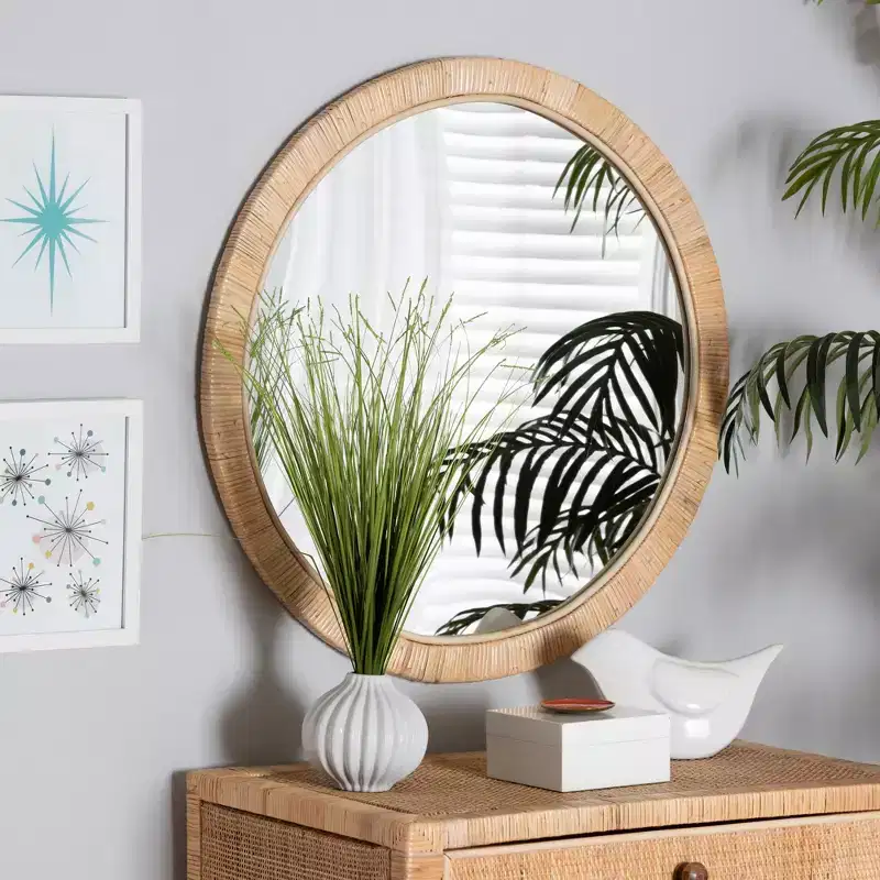Modern Bohemian Natural Brown Mahogany Wood and Natural Rattan Round Mirror