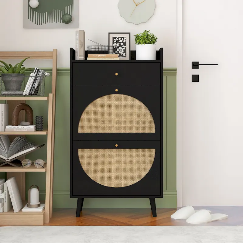 Black Rattan 2-Door 1-Drawer Shoe Cabinet, Single Unit
