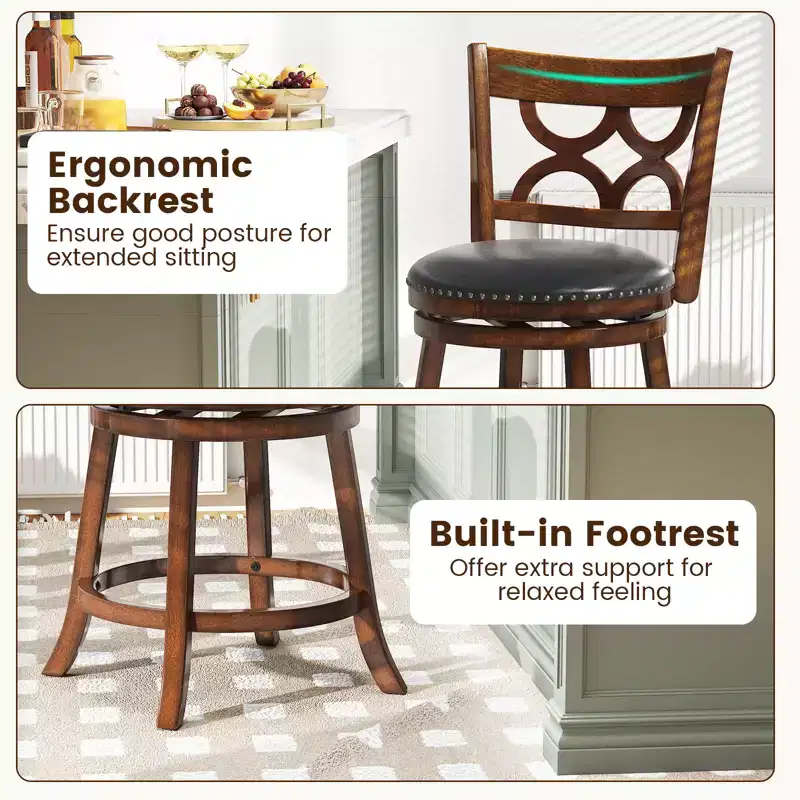 Costway 26'' Counter Height Bar Stools Set of 2 w/Rubber Wood Frame Upholstered Seat