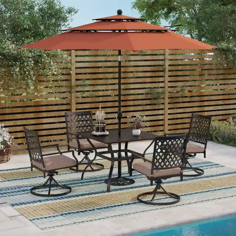 MAISON ARTS 6-Piece Metal Patio Dining Set: 4 Swivel Chairs, 1 Steel Frame Square 37 Table and 1x10ft 3-Tier Red Umbrella