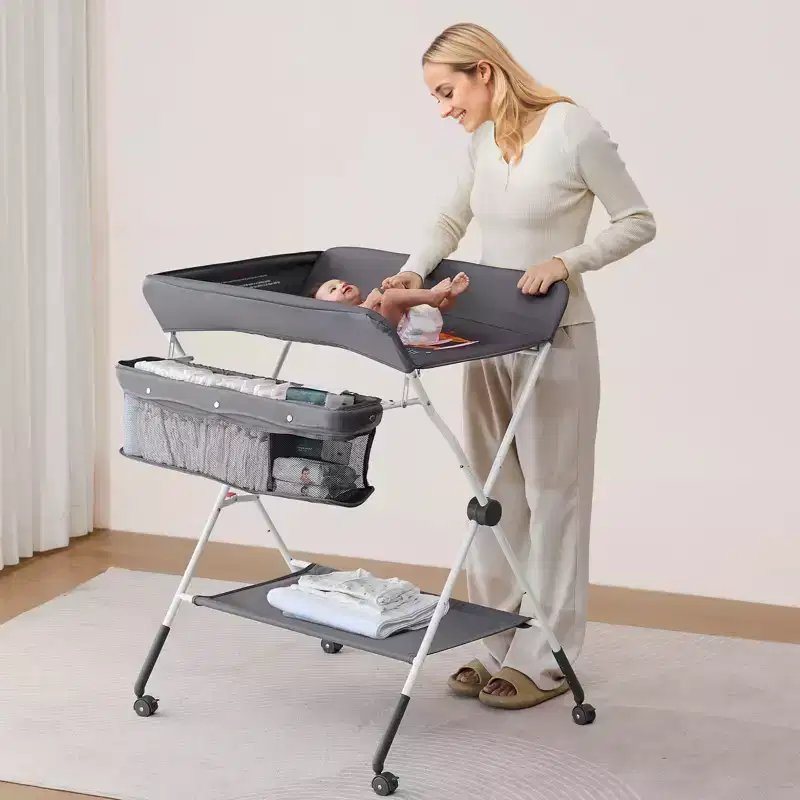 Foldable Baby Changing Table with Side Basket, Lockable Wheels and Storage Organizer, Dark Gray