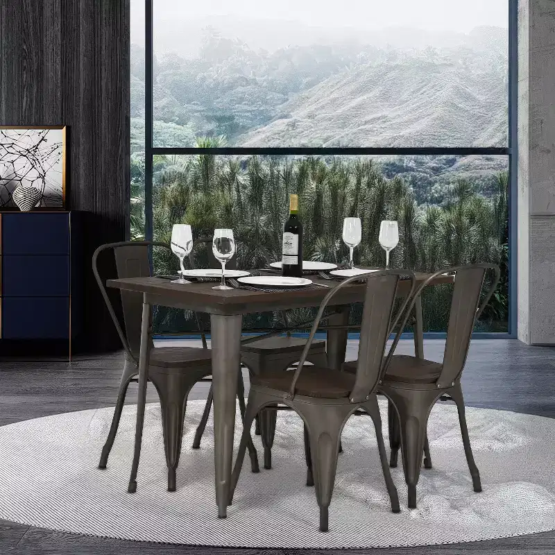 FDW Metal Dining Table Rust-Proof Kitchen Table Bar Coffee Table with Metal Frame & Wood Top Indoor Outdoor Metal Base Table