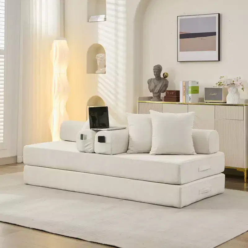 Chenille Lounge Floor Sofa Bed with Convertible Foldable Mattress, 2-Seater Futon Couch Sleeper for Living Room, Bedroom