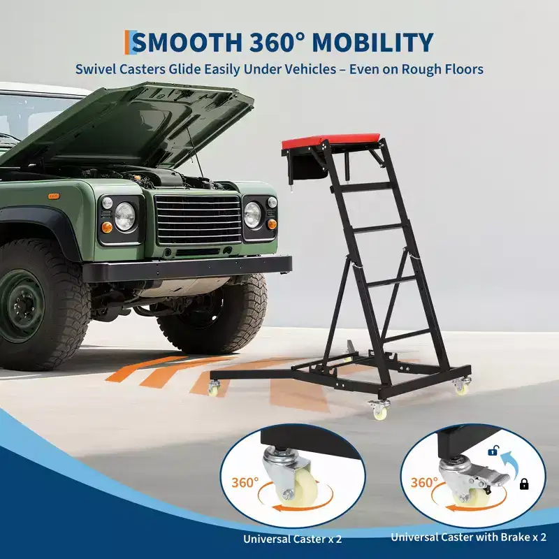 Heavy Duty Creeper Seat for Trucks & SUVs Adjustable Height, 400 lbs Capacity, Padded Deck, Locking Swivel Casters, Tool Pouch Multiple Colors