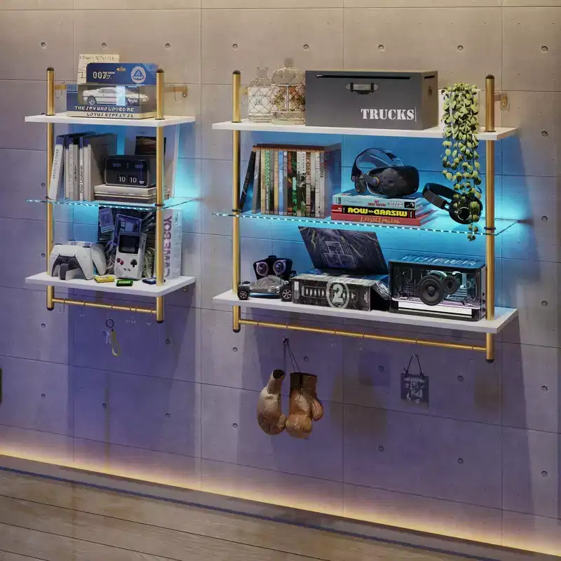 Bestier 41 Floating Shelves with LED Light, 3-Tier Wall-Mounted Wood Shelves with 8 S-Hooks, White Finish & Gold Frame