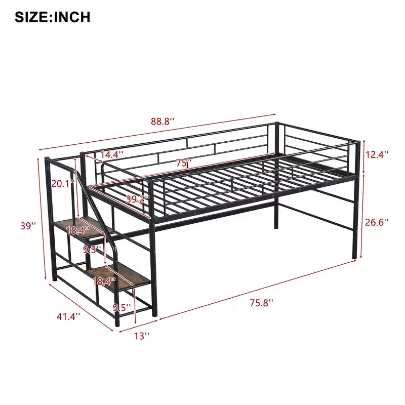Twin Size Mid Loft Bed with Storage Stairs, Metal Loft Bed Frame with Safety Guardrail for Kids Teen Girls Boys Bedroom