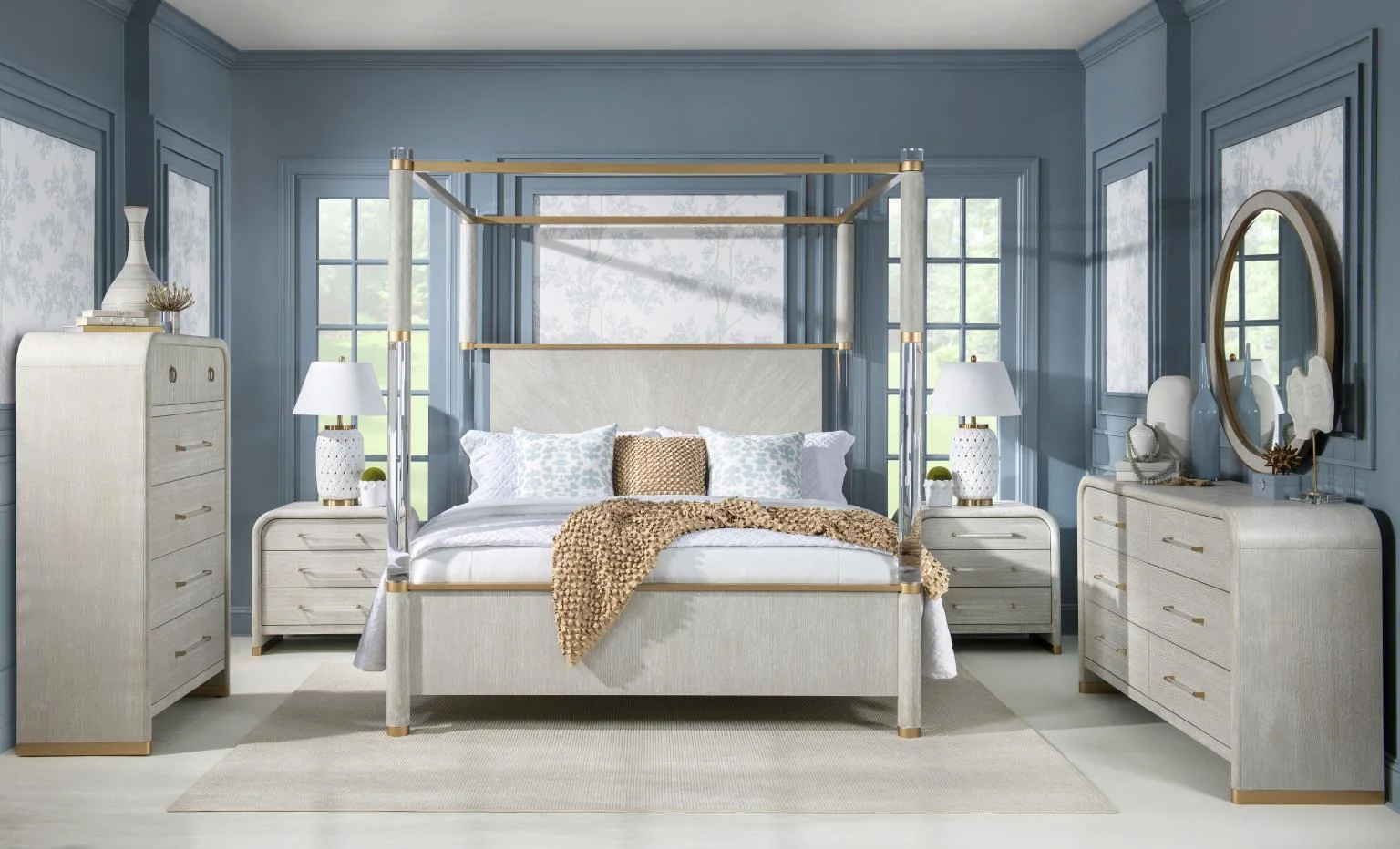 Panel Bed Canopy Acrylic Posts — The collection features and acrylic accents bold fluting detail and waterfall edges