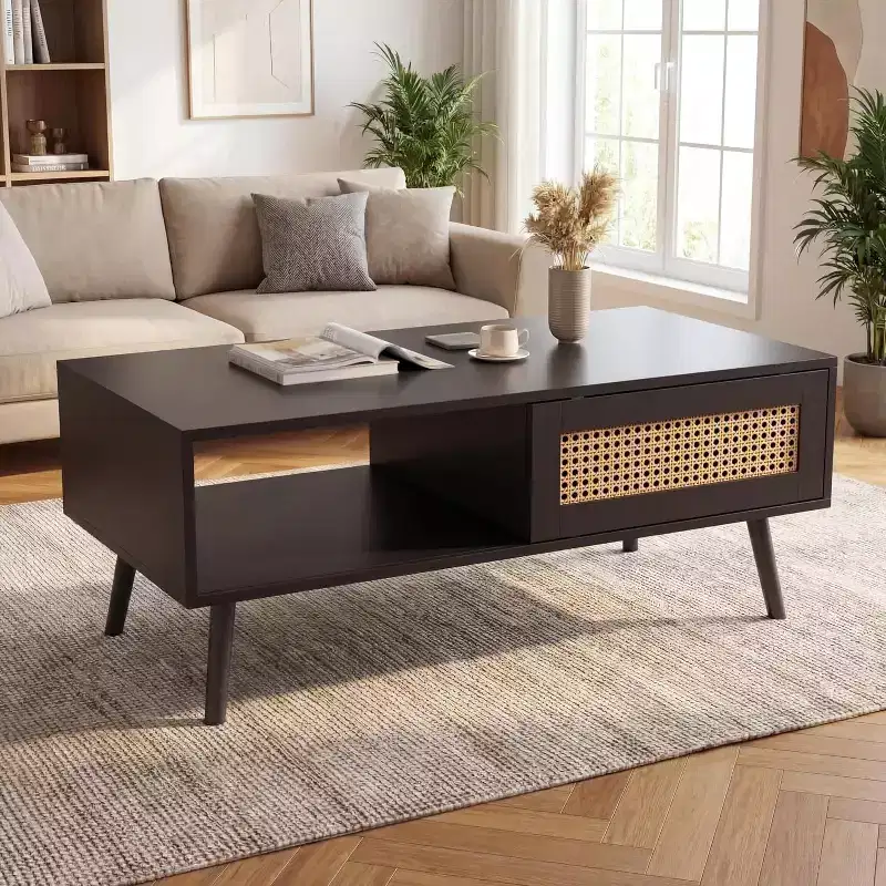 39.4 Boho Rattan Coffee Table, Modern Wooden Living Room Table with Sliding Door & Open Storage Shelf, Anti-Slip Footpads