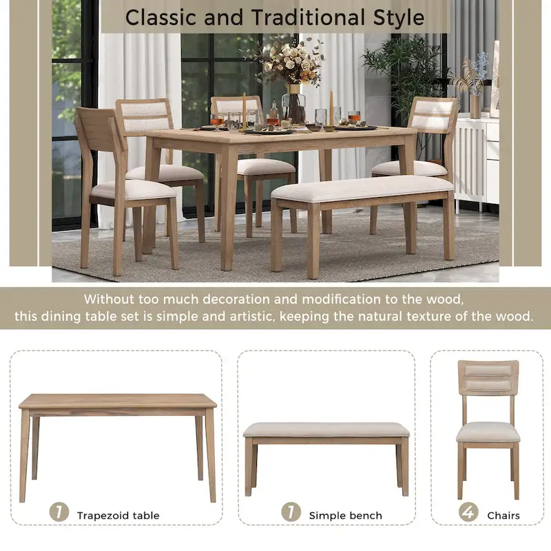 6-Piece Wooden Dining Table Set with 4 Chairs & Bench