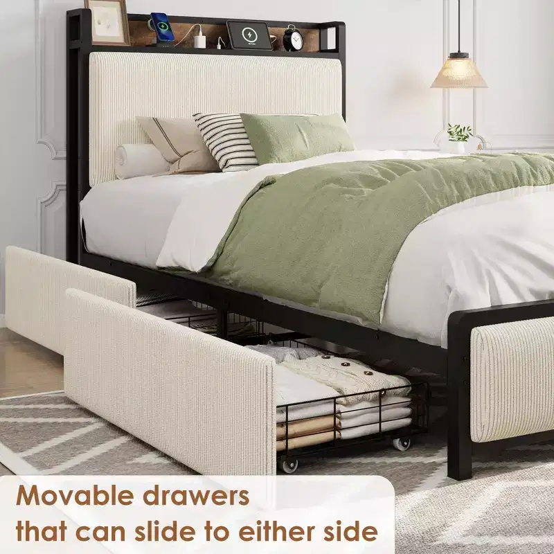 Twin Size Bed Frame with 2 Storage Drawers and Headboard, Rustic Linen Upholstered Platform Bedframe, No Box Spring Needed, Easy Assembly, Noise Free