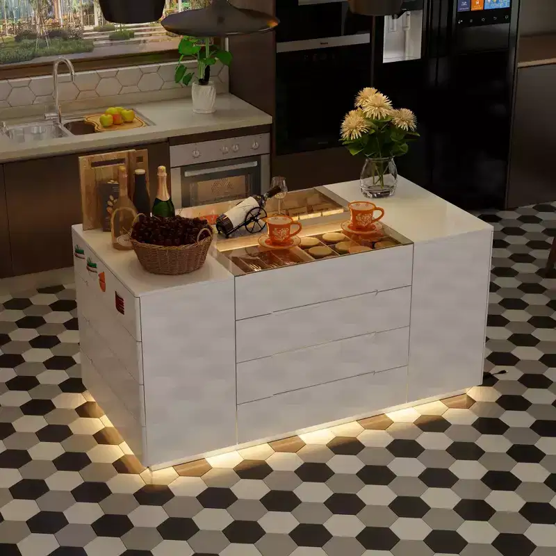 Famapy Multi-Functional Kitchen Island Dresser with High - Gloss Finish: Ample Drawers,Integrated LED,Organized Storage  Maximize Space