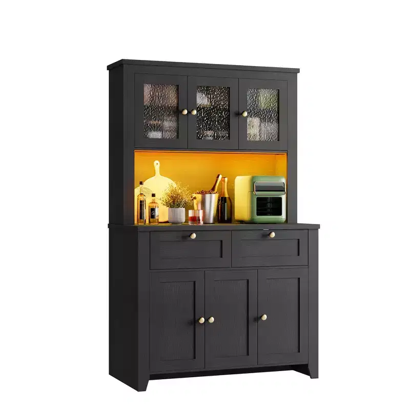 66 Tall Pantry Cabinet with LED Lights & Charging Station, Kitchen Pantry Storage Cabinet Kitchen Hutch Coffee Bar with Storage Drawers
