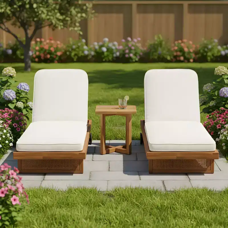 Christopher Knight Home Damaris Patio 3 Piece Acacia Wood Rattan Sunlounge Set with Cushion and Slatted Table