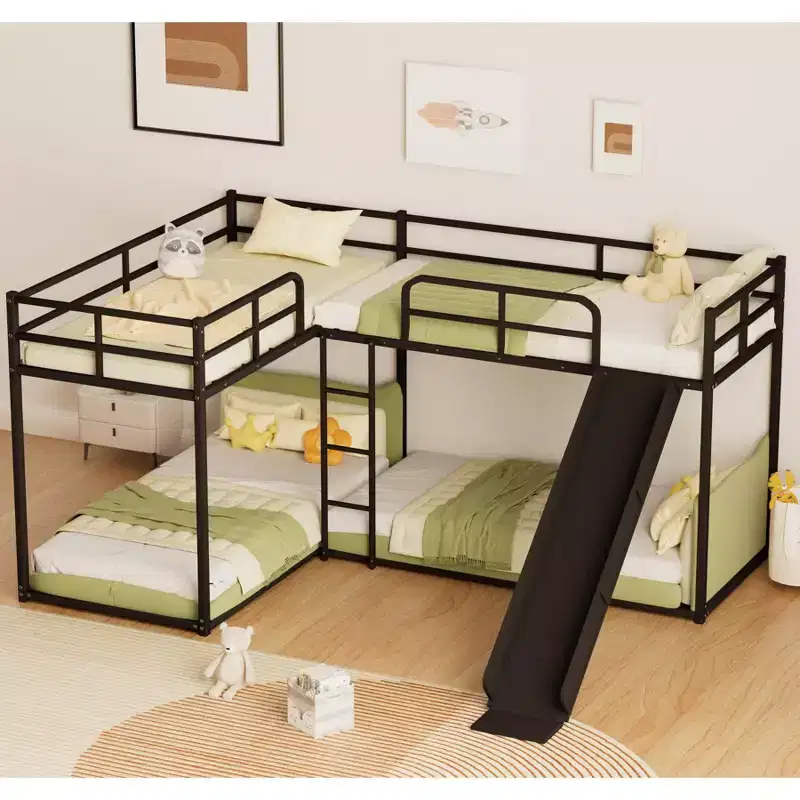 GDFStudio Hobson 4-Person L-Shaped Bunk Bed with Slide, 113, Modern Design