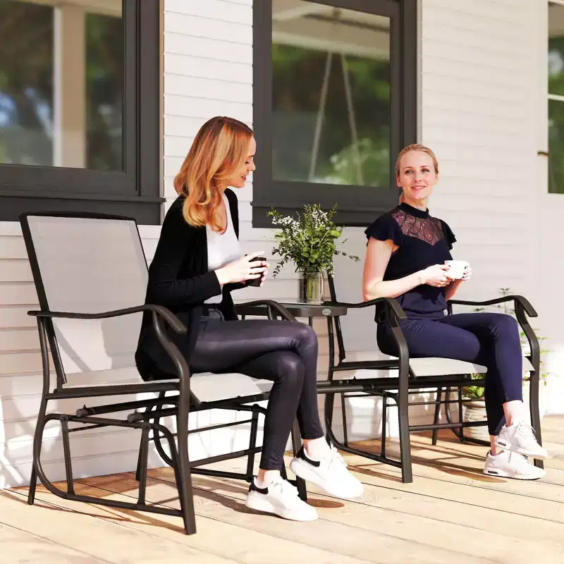 Outdoor Glider Chairs with Coffee Table, Patio 2-Seat Rocking Chair Swing Loveseat with Breathable Sling for Backyard, Garden, and Porch