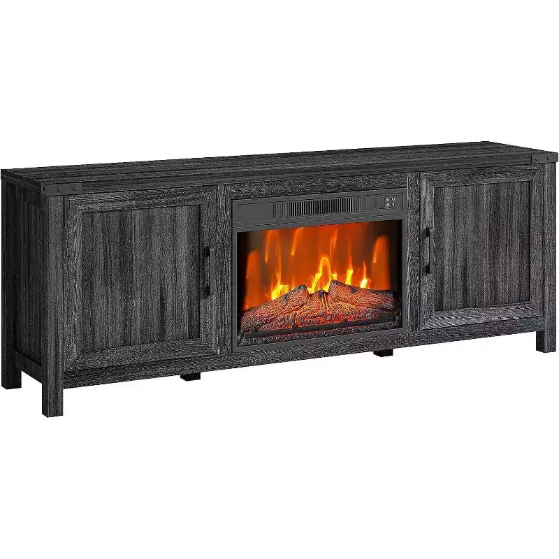 67 TV Stand Entertainment Center - Fits up to 65 Inch TVs, 2 Doors Storage Cabinet with 23 Electric Fireplace Heater & Remote Control, Dark Gray
