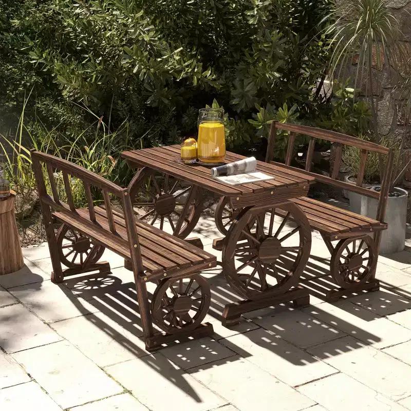 Outsunny Outdoor Table and Chairs for 4 People, Wooden Furniture Set w/ Wagon Wheel Design for Backyard Garden, Deck, Carbonized