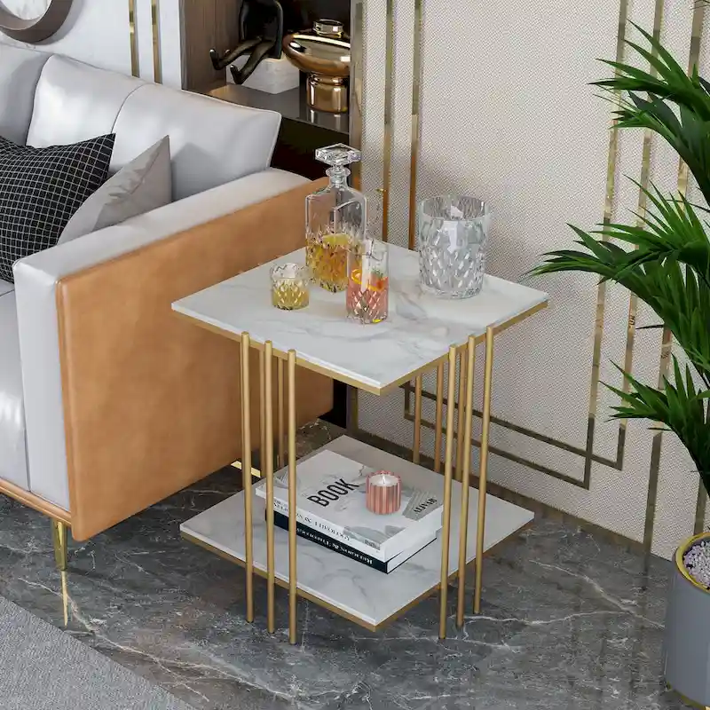 Marble Top Side Table 2 Tier Square Accent End Tables