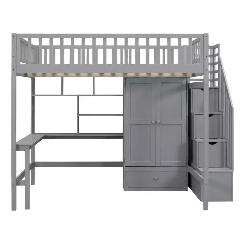 Wood Full Size Loft Bed with Bookshelf, Desk, Drawers & Wardrobe 94.4''L x 57''W