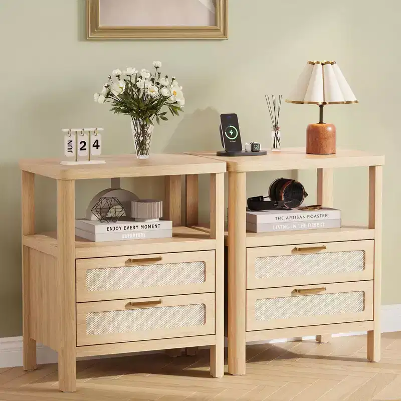 Oak 20 Nightstand Set of 2 C 2-Tier Bedside Tables with Drawer & Shelf for Bedroom