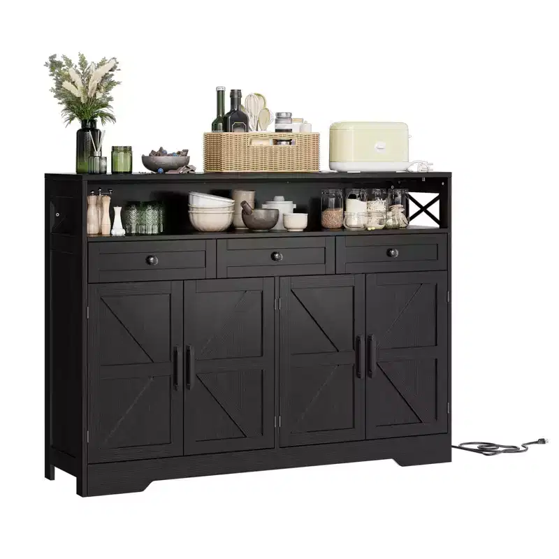 TROPOW Farmhouse Buffet Sideboard Cabinet with Charging Station, 3 Drawers & 4 Barn Doors, 51 Wood Coffee Bar Cupboard Kitchen Storage Pantry Cabinet