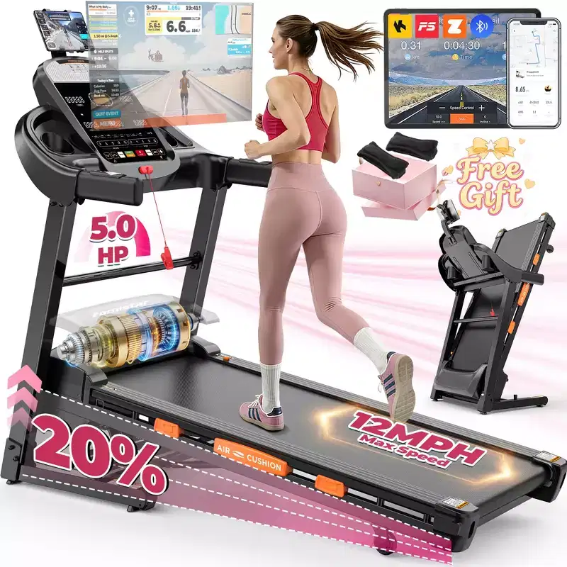 Treadmill Clearances,5.0 HP Folding Treadmill with 20-Level Adjustable Incline,12 mph Speed,Treadmill 400 lb Capacity,105 Preset Training Program