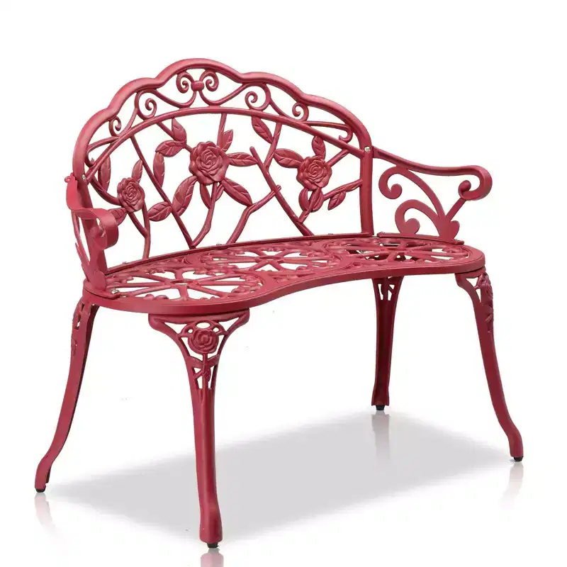 Karl Home | 38.5-Inch Red Aluminum Garden Bench with Floral Backrest
