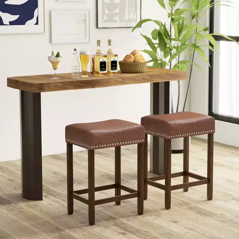Costway 24 Upholstered Bar Stools Set of 2 with Footrests Rubberwood Frame Saddle-shaped Brown/Gray