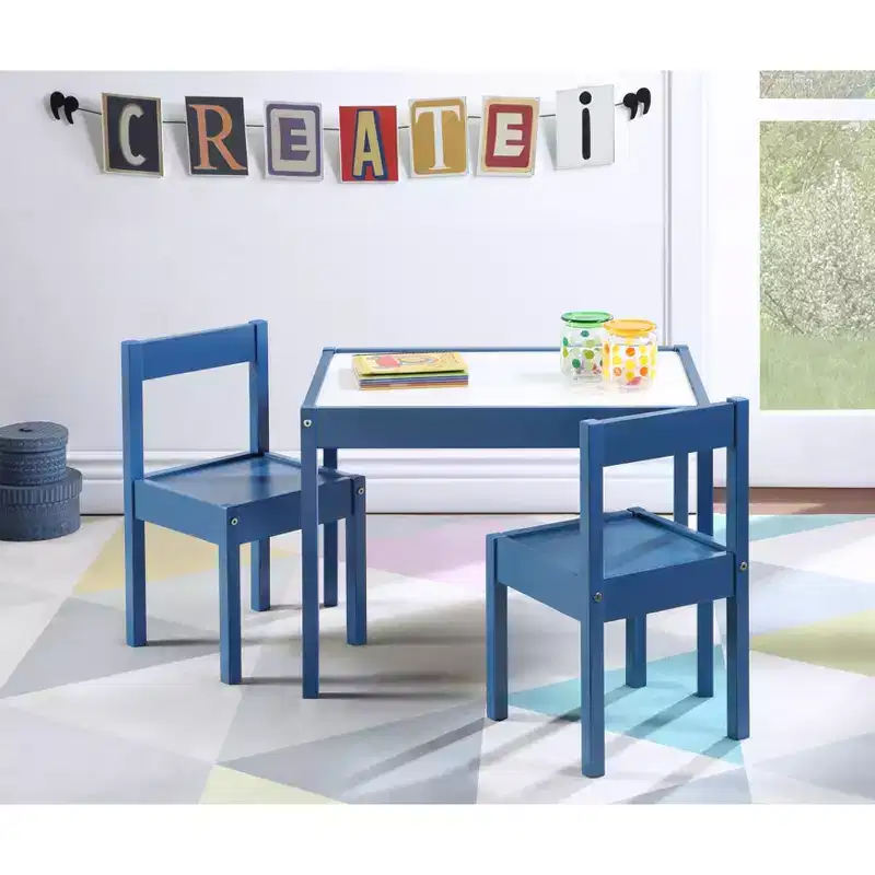Etokfoks 3 Piece Dry Erase Kids Table and Two Chair Set Dark Blue Solid Wood Kiln Dried Durable Finish for Creative Activities