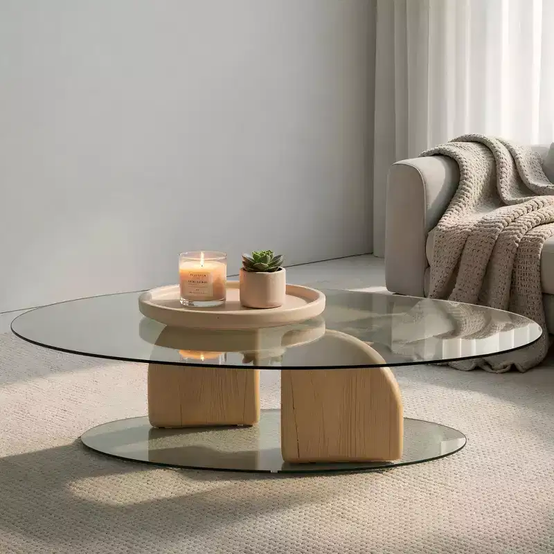 Modern Oval Glass and Lightweight Concrete Coffee Table