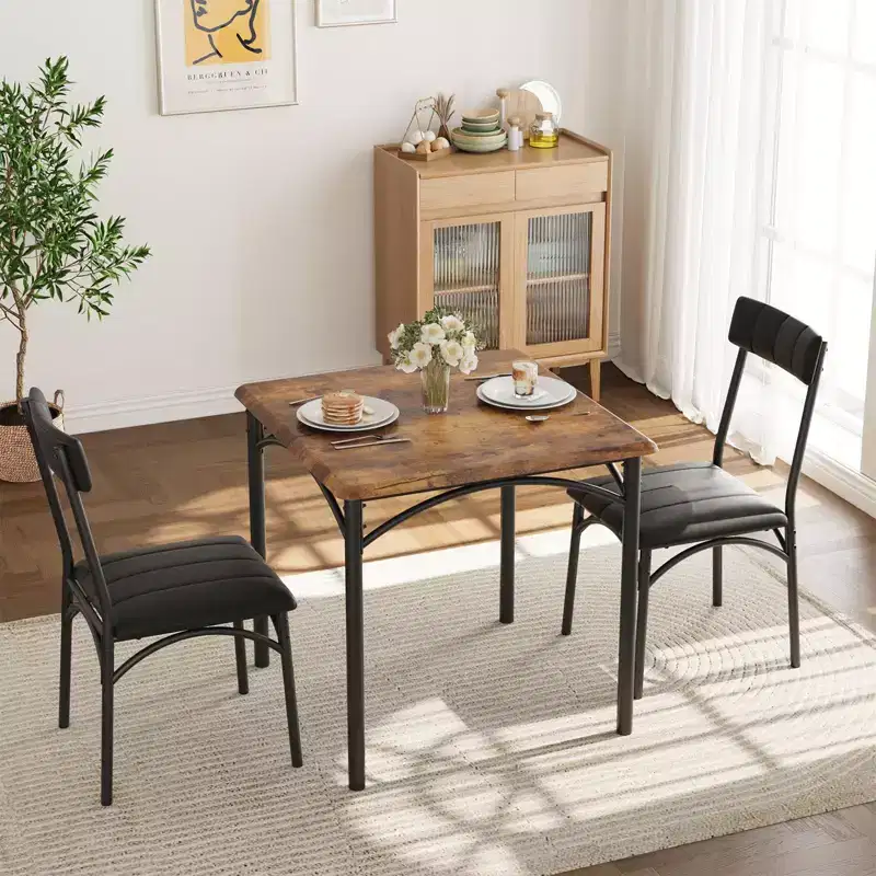 Dining Table Set for 2, 3 Piece Kitchen Table and Chairs Set Square Dining Table, Space Saving Dining Room Furniture, Rustic Brown