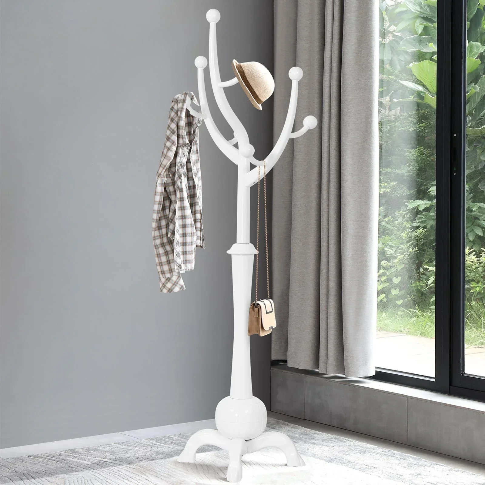 Tree-branch Rubberwood Freestanding Coat Rack with 8 Hooks - 24.5W x 70.87H