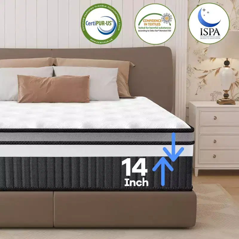 Queen Mattress, Qvamodo14in Gel Mattress in a Box, Medium Firm, Motion Isolation, Breathable, White