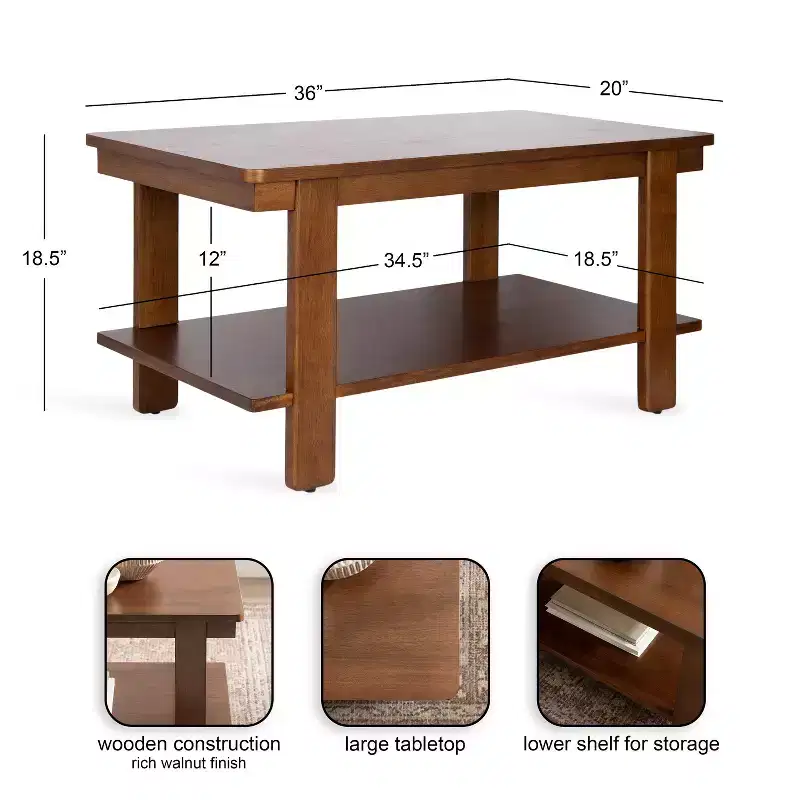 Wood Two-Tier Coffee Table 36''W x 20''D x 18.5''H