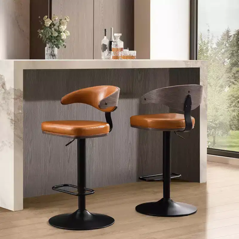 Art Leon Bentwood and Faux Leather Swivel Barstool with Adjustable Height