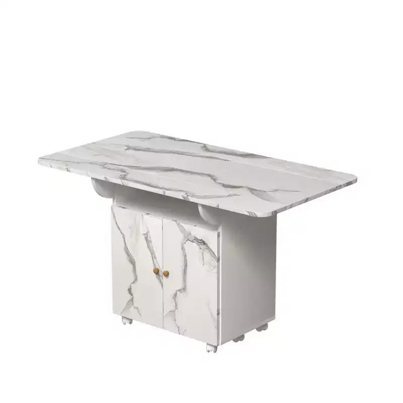 MAYEERTY Folding Kitchen Island Dining Table, Marble Texture Table with Storage Cabinet & Wheels, Multi-Purpose Space-Saving Table