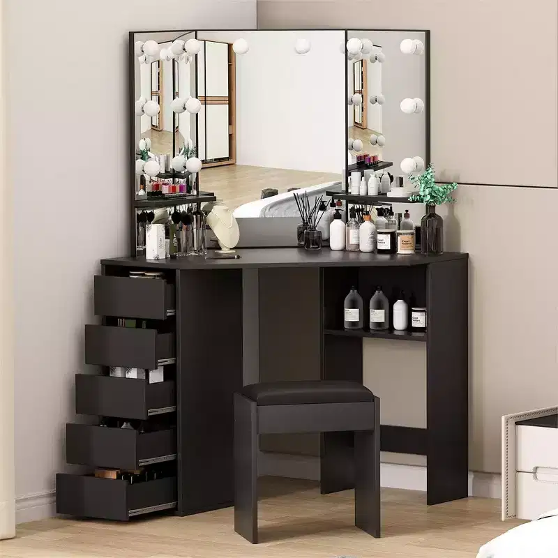 Corner Makeup Vanity Desk with LED Mirror, 5 Drawers & Charging Station