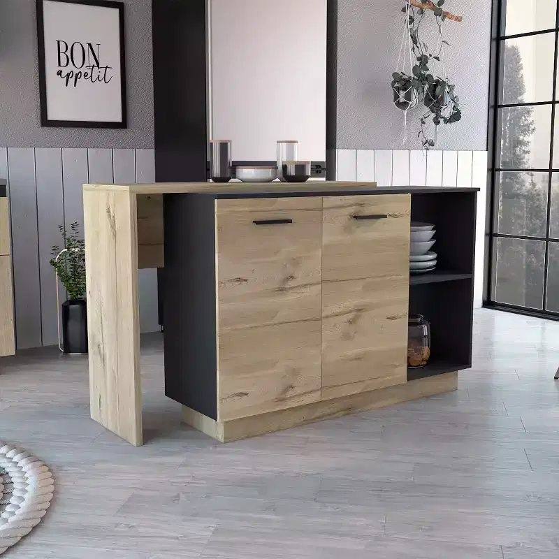 Okak Modern Kitchen Island with Unique Top Design, Kitchen Island Table with 2 Doors and 2 Drawers, Countertop Organizer for Kitchen