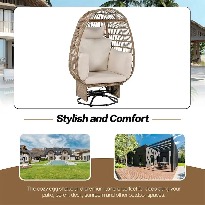 Rattan Egg Patio Swivel Chair with Cushions and Rocking Function