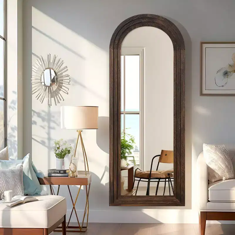 21 in. W x 64 in. H Classic Arched Solid Wood Framed Mirror in Brown