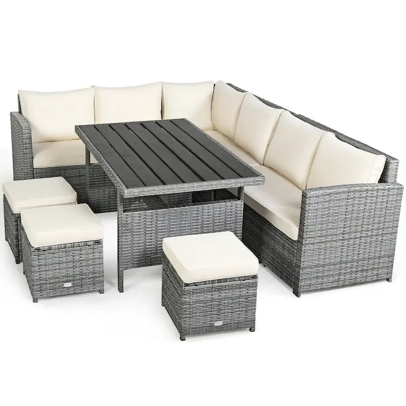 7 Pcs All-Weather Patio Rattan Dining Furniture Sectional Sofa Set with Wicker Ottoman and Cushed Couch
