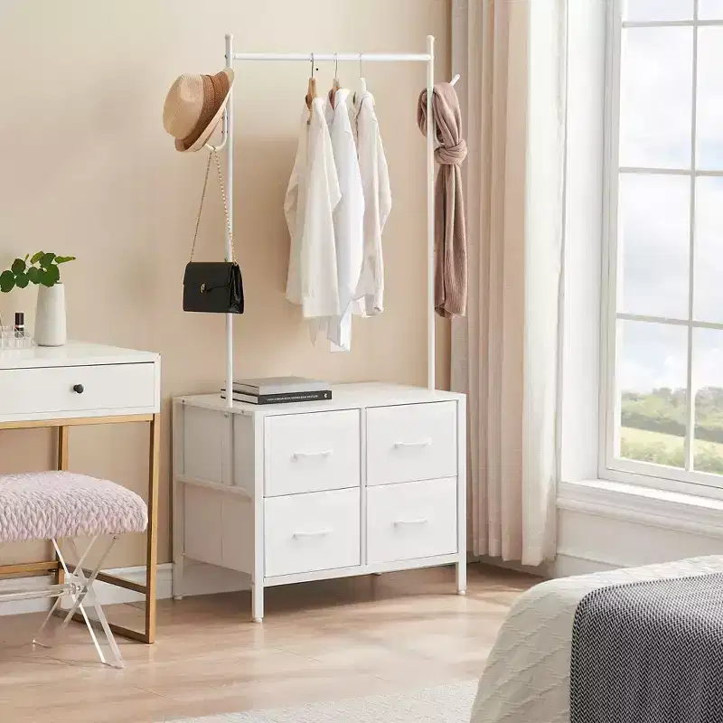 Clothing Rack with 4 Drawers, Freestanding Closet Organizer, Clothes Stand Dresser with Steel Frame & Wooden Top