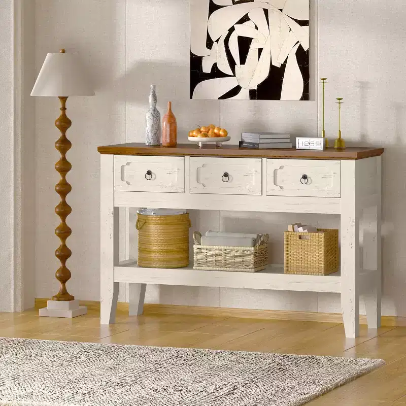 47 Farmhouse Console Table with 3 Drawers & Shelf, Rustic Narrow Entryway & Hallway Sofa Table (white + Brown